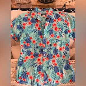 The Children's Place Short Sleeve Tropical Print Button Up Shirt in aqua - rayon